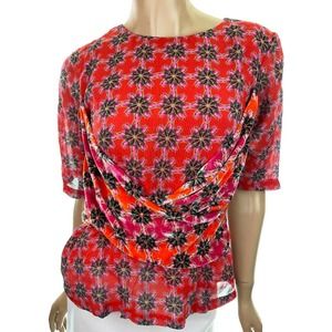 Roopa Wrap Blouse Size Large Red w Pink Floral Soft Trim at Waist Red Crystals